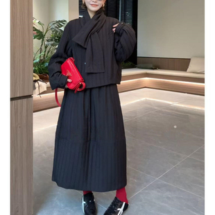 新款 女秋冬季 肌理感围巾棉服外套半身裙 设计宽松显瘦三件套装 时尚