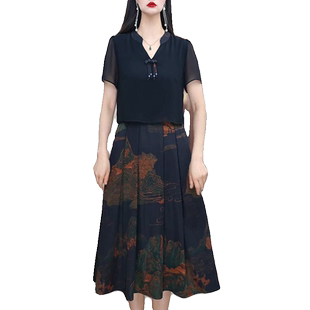 时尚拼接印花连衣裙女2026夏季新款收腰显瘦休闲a字气质套装裙子