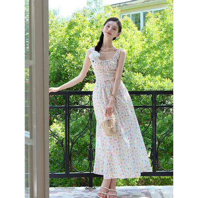 且可ChillCozy 热恋岛屿 全棉/全涤打揽中长款碎花背心连衣裙女夏