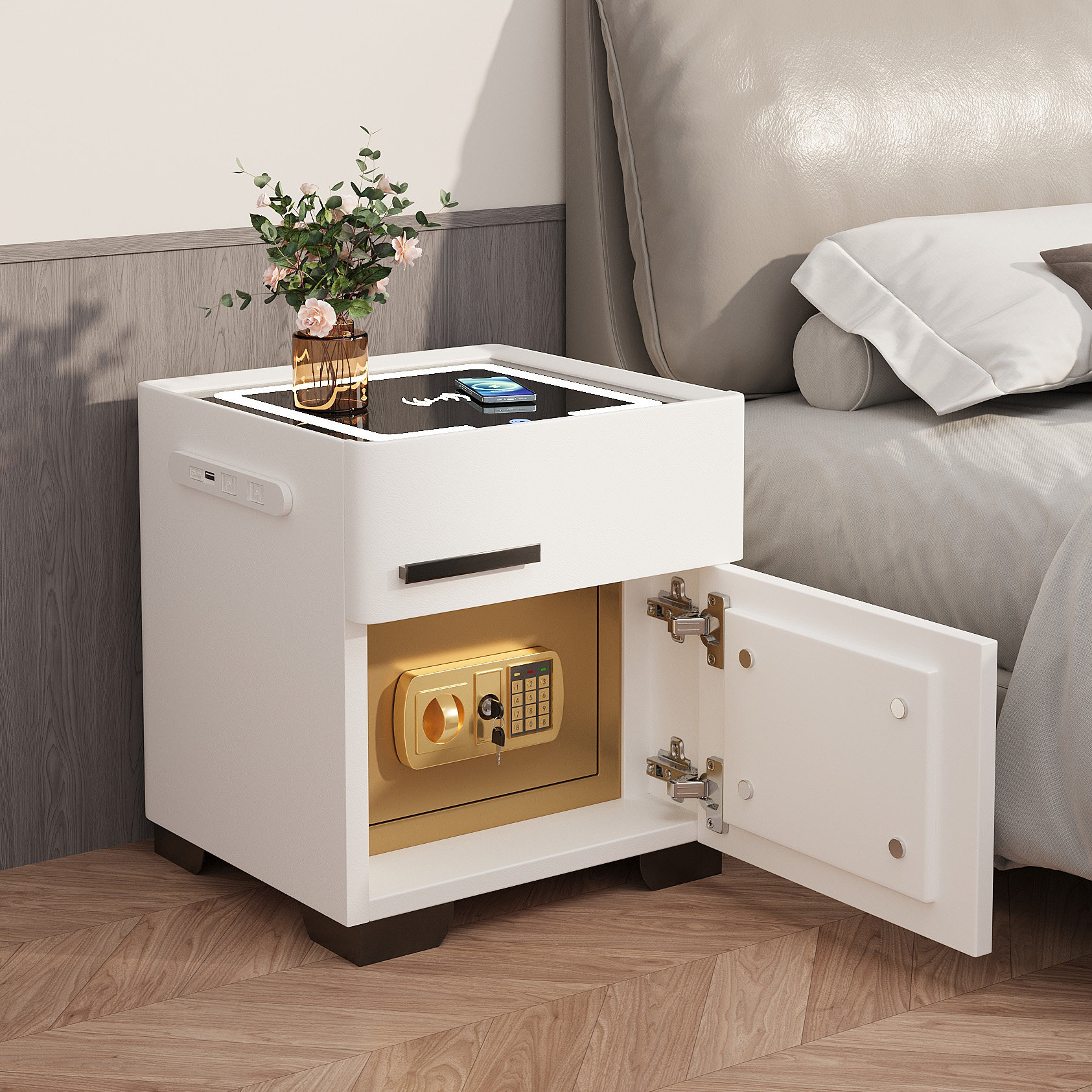 智能床头柜保险柜隐形一体家用小型现代简约卧室实木密码保险箱,住宅家具,智能床头柜,淘宝优惠券,粉丝福利购,淘宝优惠卷