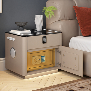 智能实木床头柜保险箱一体简约家用卧室带锁轻奢高级感小型收纳柜