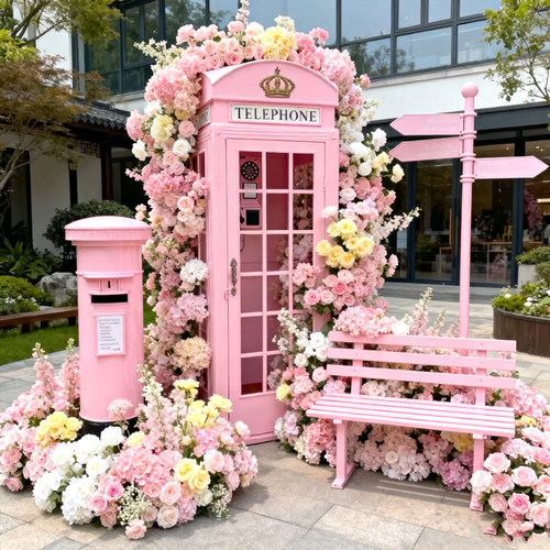 电话亭瀑布仿真花网红打卡景点装置复古邮筒装饰520布置户外美陈