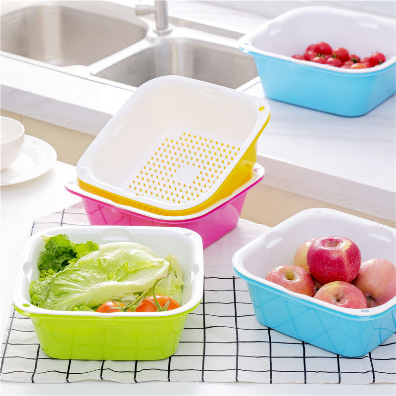 方形沥水蓝多功能塑料盆客厅厨房蔬菜水果篮火锅蓝餐厅双层装菜篮,餐饮具,果盆/果盘/果篮,淘宝优惠券,粉丝福利购,淘宝优惠卷