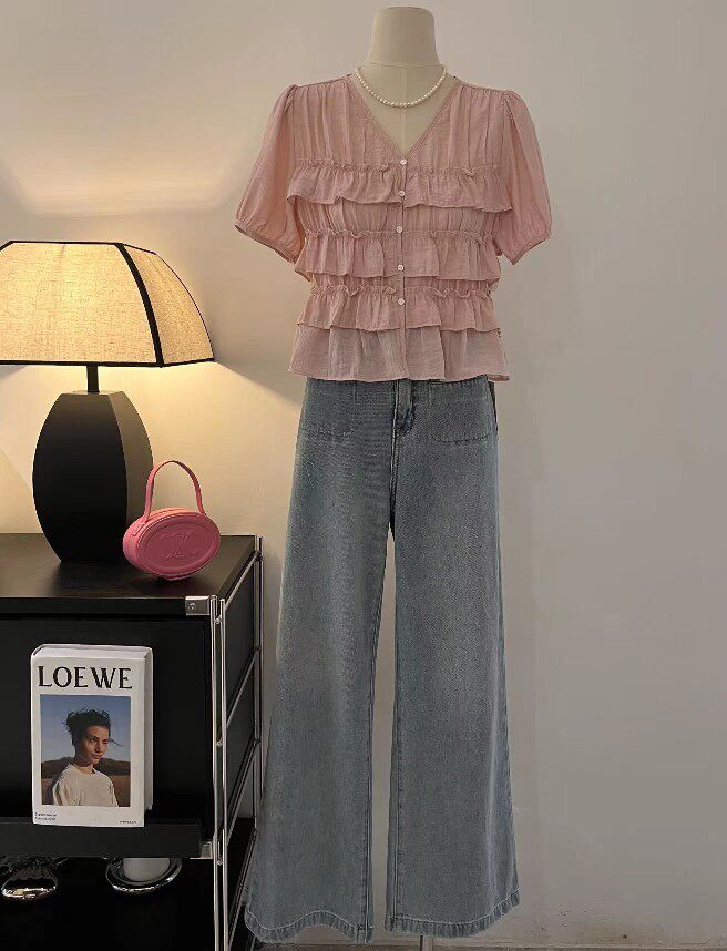 奈ni蜜mi儿ll2123荷叶边蛋糕小衫高品质甜美日系淑女夏新款【xh】