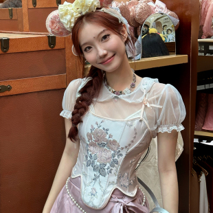 DandD1912复古公主刺绣宫廷风鱼骨系带粉色胸衣透视娃娃领短袖