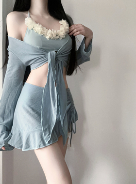 新款绝美分体泳衣女款泡温泉遮肉显瘦纯欲甜美小胸聚拢度假比基尼