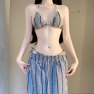 海岛辣妹度假比基尼泳衣女四件套长裤 防晒纯欲温泉 小胸聚罩衫