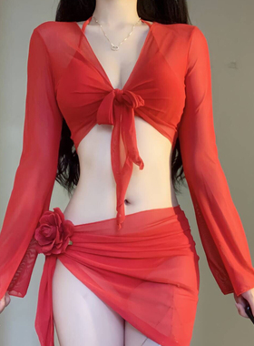 2025新款大红色性感比基尼四件套分体辣妹温泉泳衣女罩衫海边防晒