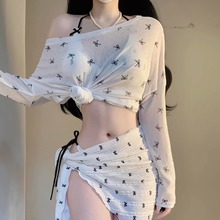 2025新款性感比基尼泳衣女绝美分体四件套蝴蝶温泉度假带罩衫套装