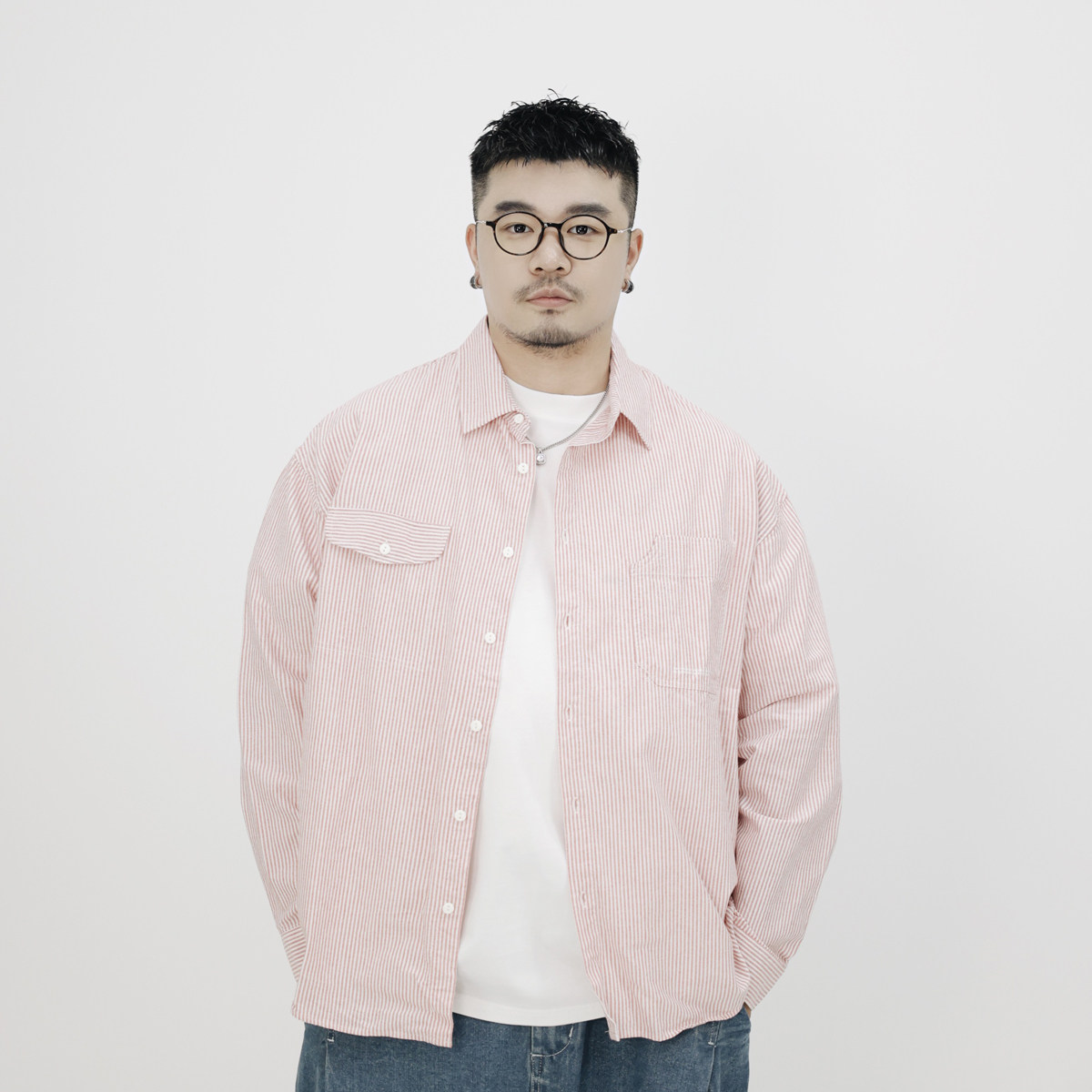 vensonshop春款日系复古三色简约竖条纹休闲长袖衬衫男