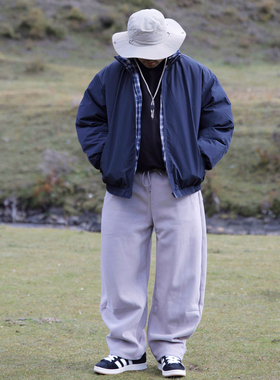 vensonshop冬季日系基础宽松卫裤灰色加绒运动裤复古廓形弯刀长裤