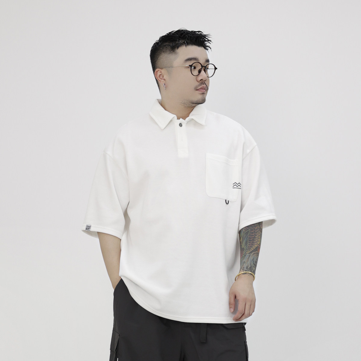 vensonshop夏款日系纯色重磅300g小山刺绣大口袋短袖polo衫男