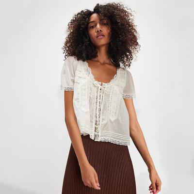 Lace trimmed French lace up lightweight shirt