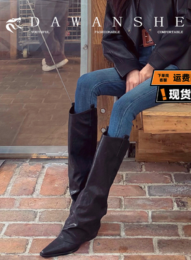羊皮版~废土风真皮高跟裤管靴女长筒黑靴子辣妹穿搭尖头骑士靴