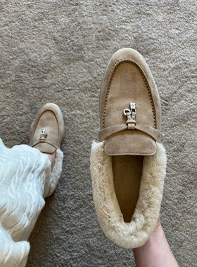 羊皮版~时髦秋冬保暖英伦风流苏扣乐福鞋女加绒毛毛一脚蹬懒人鞋