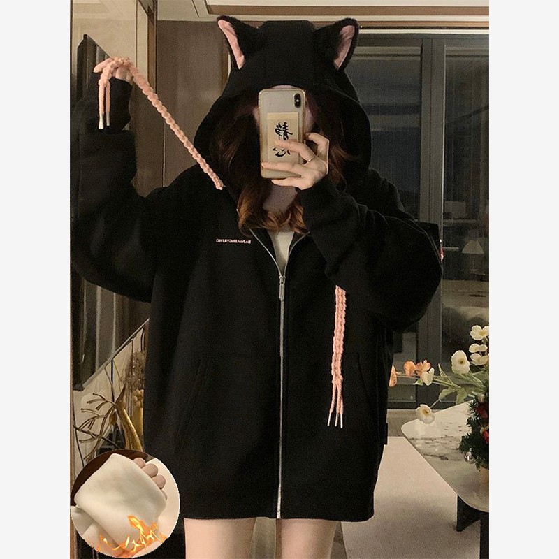 德文猫杜宾犬新款连帽开衫卫衣女秋冬季美式黑色狗耳朵卫衣外套女
