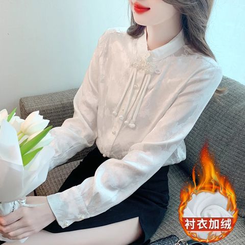 新中式国风盘扣打底衬衫女秋冬2023新款配马面裙气质加绒加厚上衣