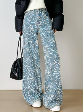 十一Studio2026春设计感小众重工刺绣提花牛仔裤女高腰宽松阔腿裤