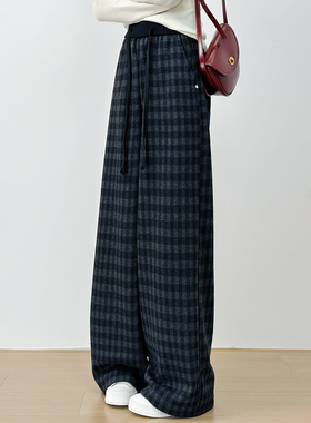 十一Studio复古羊毛呢加绒格纹弯刀裤女高腰显瘦直筒裤长裤休闲裤