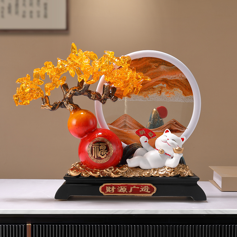 发财树招财猫流沙画摆件入户玄关酒店收银台前台装饰开业乔迁礼品图片