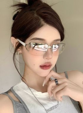 Y2K无框镶钻太阳眼镜女欧美风千禧辣妹街拍抗UV大框显瘦ins网红镜