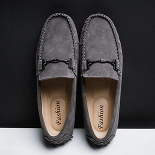 夏季 翻毛皮鞋 磨砂豆豆鞋 真皮软底英伦风休闲一脚蹬驾车鞋 男士 新款