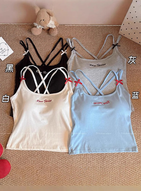 夏日绝美多巴胺穿搭甜妹蝴蝶结蓝色带胸垫吊带背心女外穿无袖上衣
