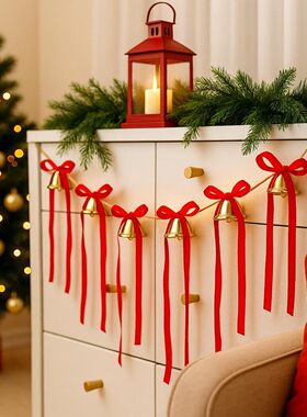 亚马逊新款蝴蝶结装饰圣诞节家居壁炉挂串红色蝴蝶结铃铛新年挂件