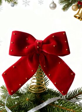 跨境热销酒蝴蝶结树顶星 diy圣诞节装饰圣诞树红色绒布树顶星摆件