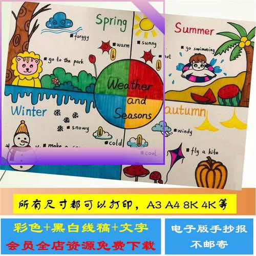 英语季节手抄报模板春夏秋冬小学生四季Four seasons儿童画连环画