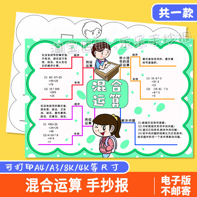 混合运算思维导图手抄报模板小学生数学二年级下册第五单元儿童画,商务/设计服务,设计素材/源文件,淘宝优惠券,粉丝福利购,淘宝优惠卷