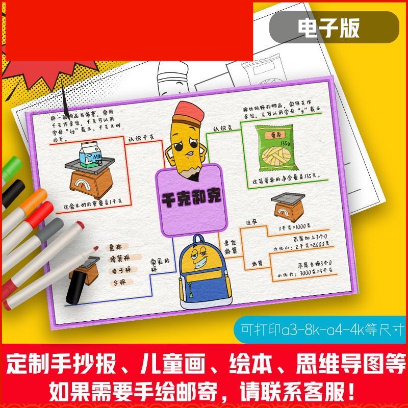 苏教版三年级数学上册克与千克思维导图手抄报电子版小报模板线稿