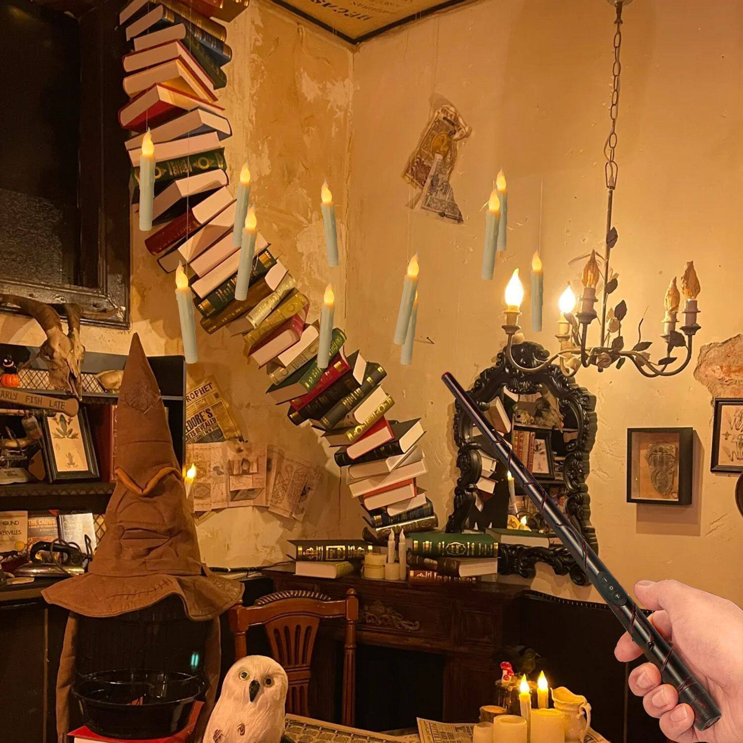 万圣节哈利波特悬浮蜡烛魔杖可定时仿真流泪米白壳火焰头电子蜡烛