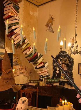 万圣节哈利波特悬浮蜡烛魔杖可定时仿真流泪米白壳火焰头电子蜡烛