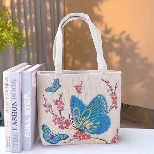 双面刺绣帆布包手提包手拎外出百搭精致手提袋手机包上班小拎包