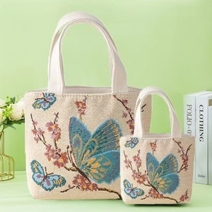 刺繡蝴蝶帆布包雙面金絲提花刺繡單肩包上班通勤百搭包日常媽咪包