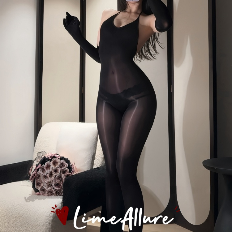 LimeAllure大码性感爽滑油亮丝袜全身连体袜挂脖油光塑形紧身衣