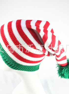 圣诞帽定zhi手工长尾巴帽男女毛线帽条纹绒球针织帽子义乌厂