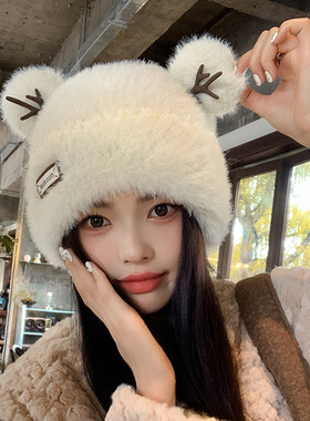 新款圣诞韩版鹿角毛绒帽子女秋冬季加厚保暖套头帽日系甜美针织帽