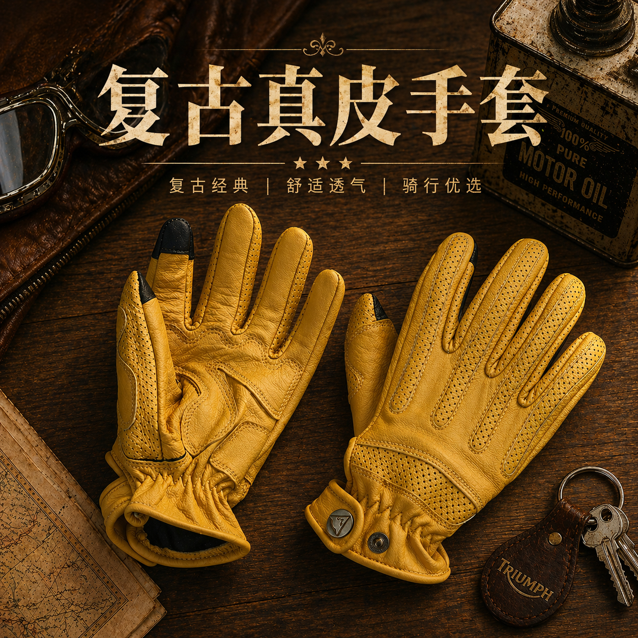 摩托车复古机车手套防摔骑士骑行哈雷触屏男女真皮透气黄色踏板