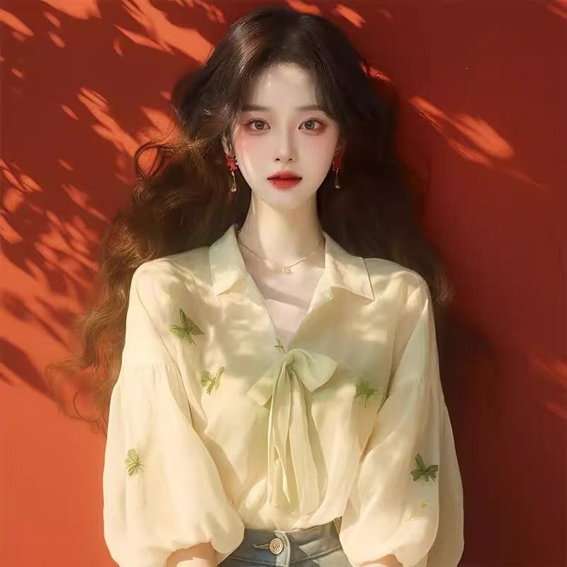 绿色印花雪纺防晒衬衫2026夏季新款 法式公主风宽松显瘦气质上衣