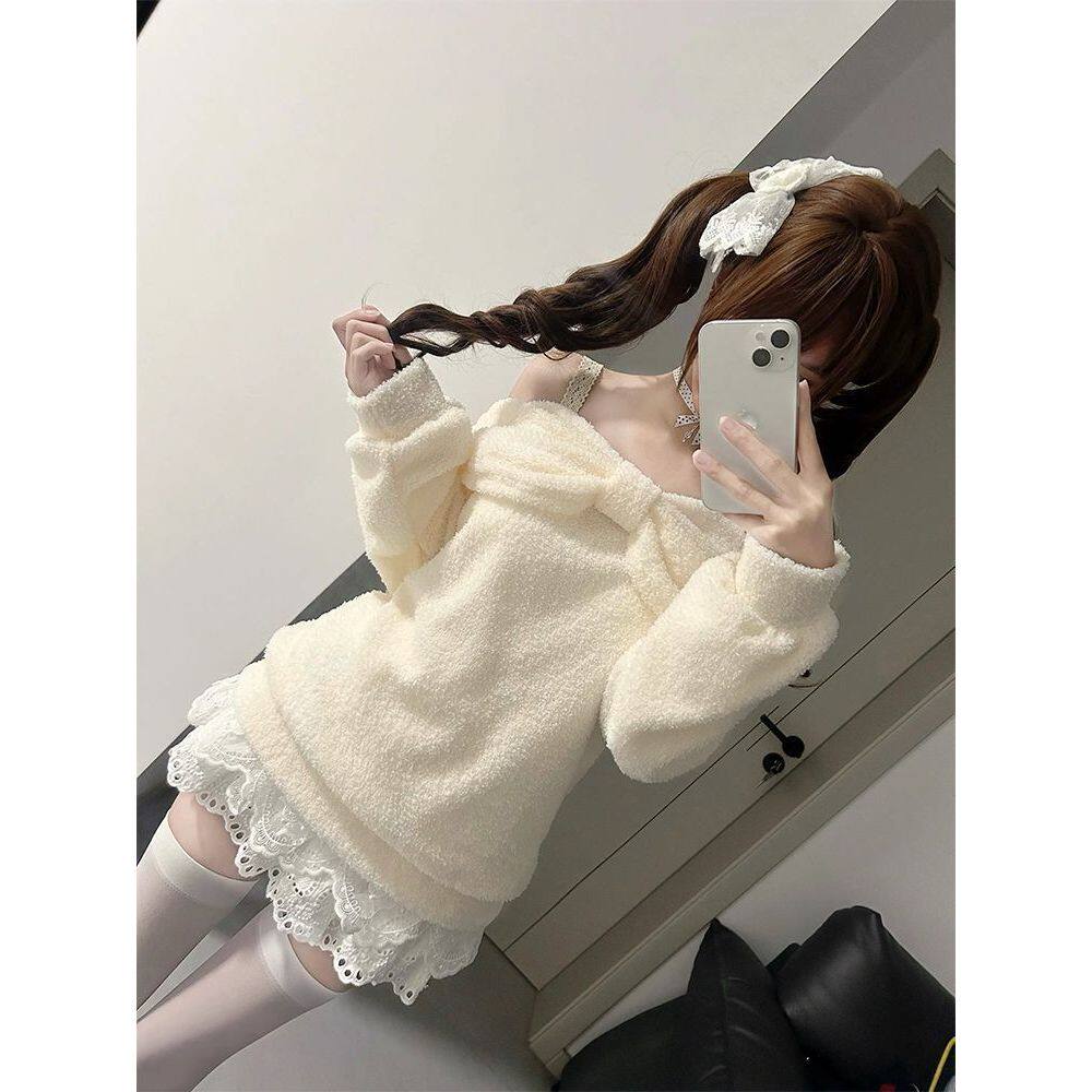 【少女心事】日系 doll感软妹奶白软糯一字肩上衣+白色短裙两件套