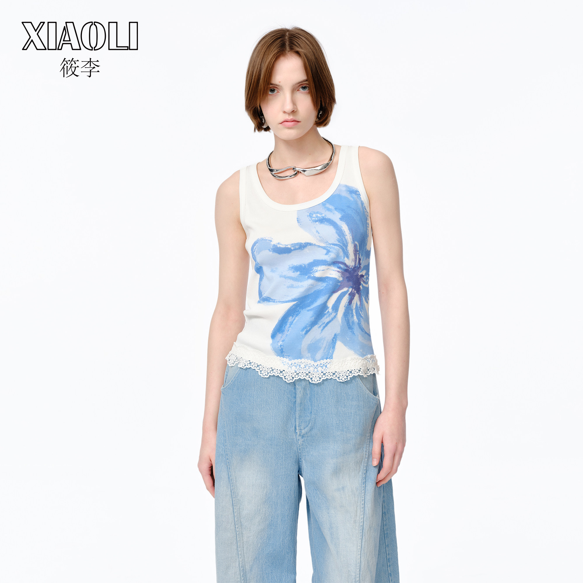 筱李XIAOLI 25春夏新品花朵印花蕾丝拼接针织背心