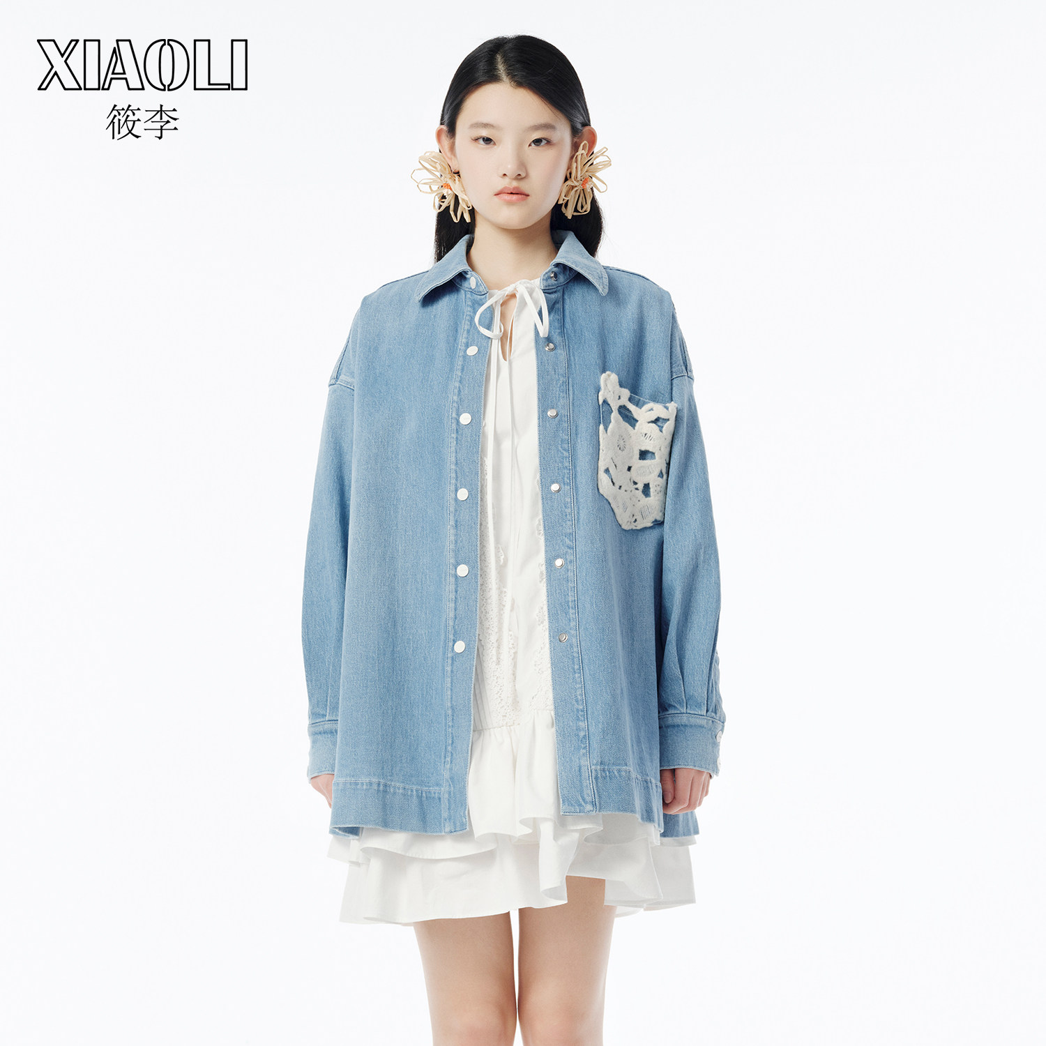XIAOLI筱李 秋冬新品设计师款口袋装饰牛仔衬衫外套