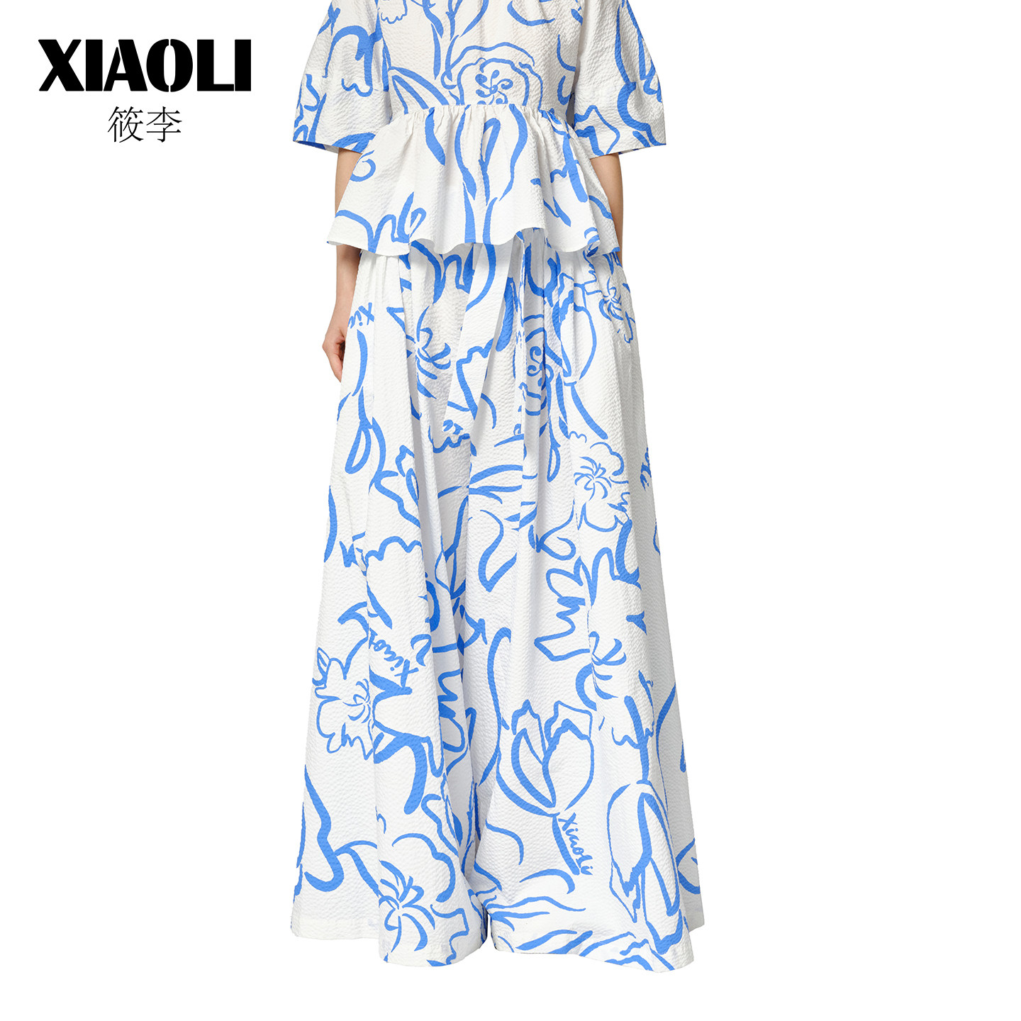 XIAOLI筱李春夏新款100%棉白底泡泡纱蓝白印花阔腿裤长裤休