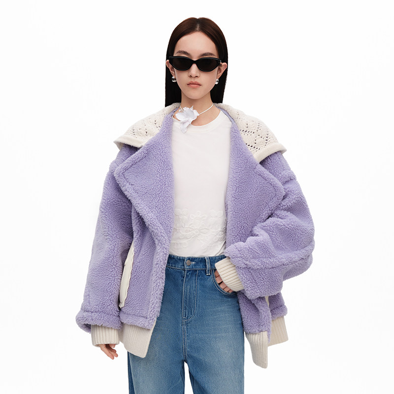 【设计师品牌XIAOLI筱李】23秋冬新款毛织拼接仿羊羔毛外套