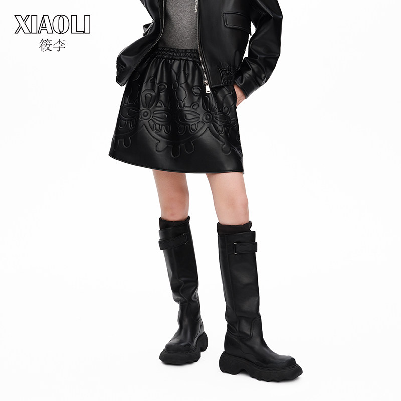 【设计师品牌XIAOLI筱李】空气层复合蕾丝图案立体压花PU皮短