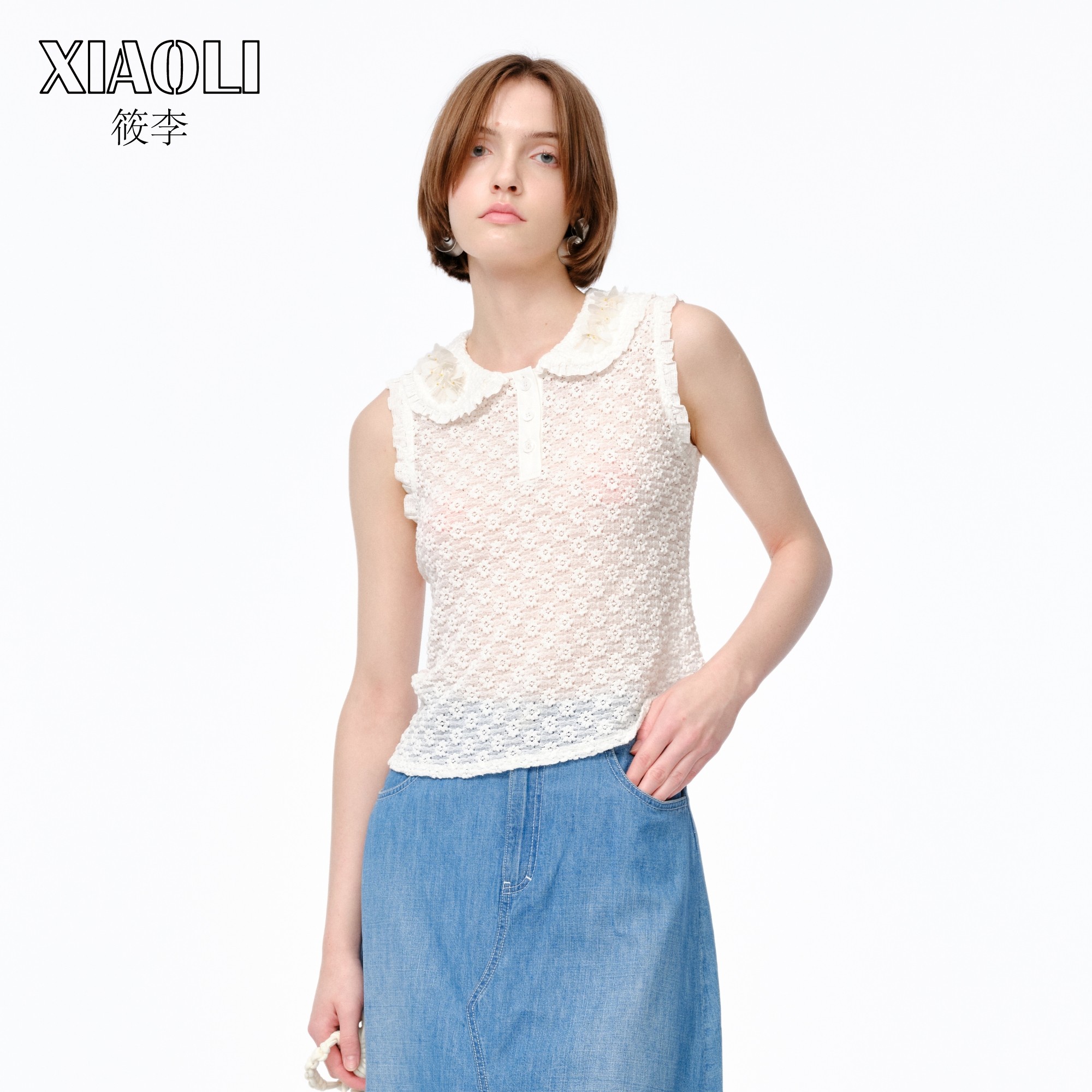 XIAOLI筱李 25春夏新品白色针织提花翻领无袖上衣