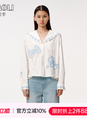 XIAOLI/筱李【丁程鑫同款】白色十字绣海军领衬衫女上衣春新品