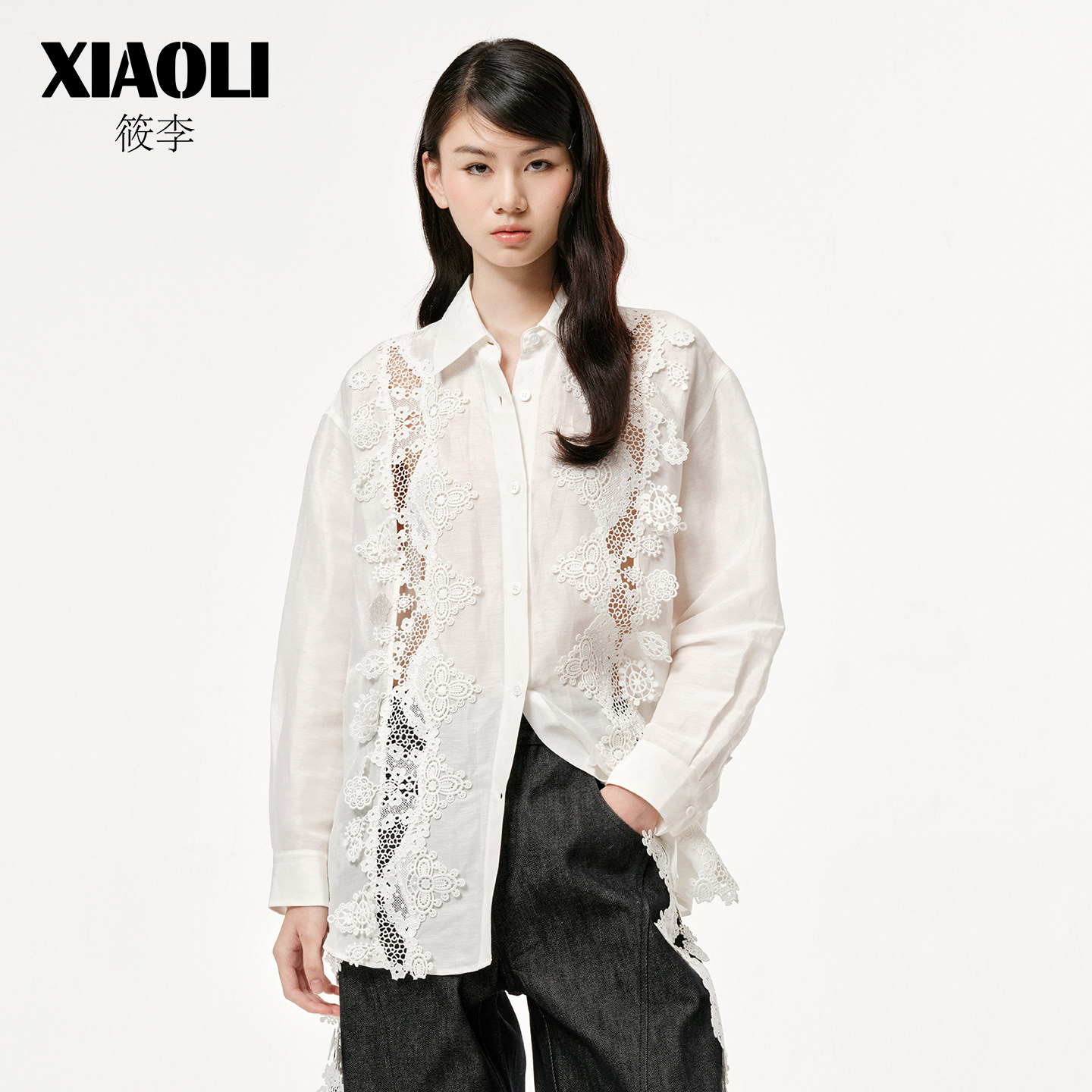 【XIAOLI筱李】城市波西风翻领宽松直筒白色蕾丝镂空衬衫25秋